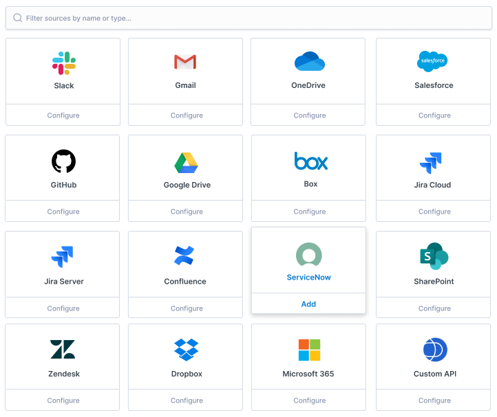 Screenshot of selected Elastic Workplace Search Content Sources: Slack, Gmail, OneDrive, Salesforce, GitHub, Google Drive, Box, Jira Cloud, Jira Server, Confluence, ServiceNow, SharePoint, Zendesk, Dropbox, Microsoft 365, Custom API