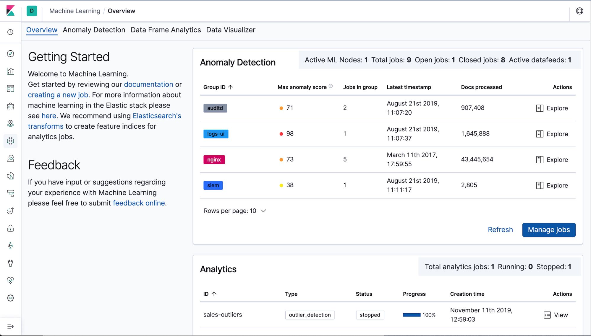 In Kibana 7-5 the new new Machine Learning Overview page helps you get familiar with all the Elastic machine learning capabilities in one place