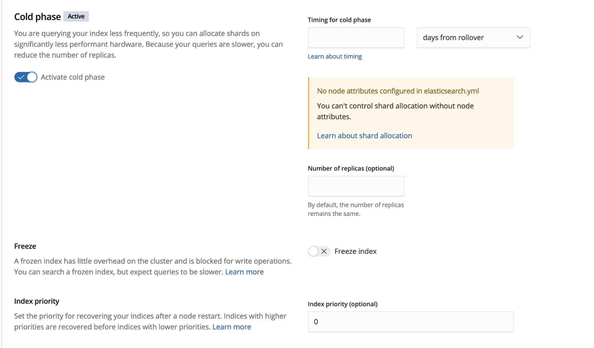 Configuring a cold phase of Index Lifecycle Management in Kibana 6.7.