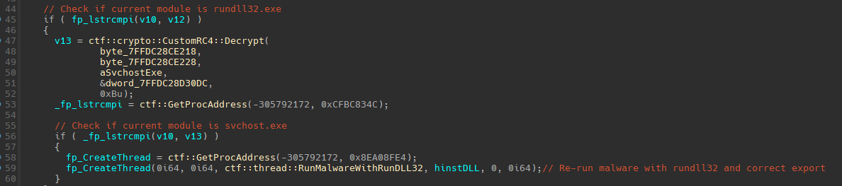 TELEPUZ code checking if current process is rundll32.exe and spawning threads for privilege escalation and C2 communication