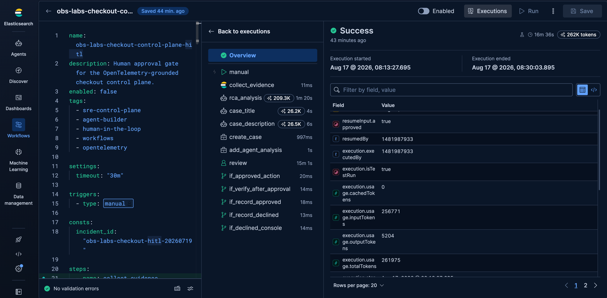 Completed workflow execution showing the reviewer's approved input in the execution record, with the action, verification, and case steps all resolved