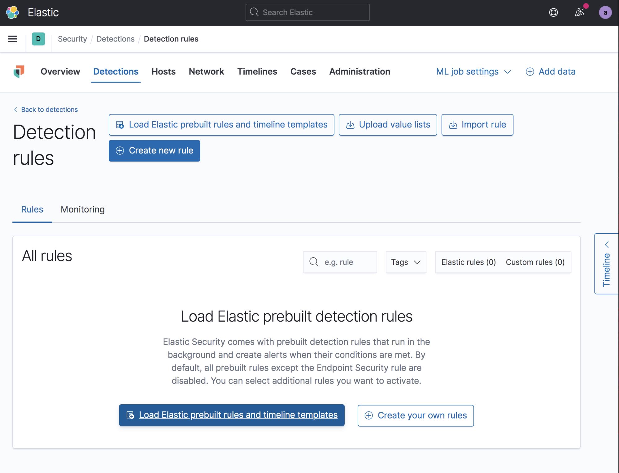 Detection engine load prebuilt rules and timelines