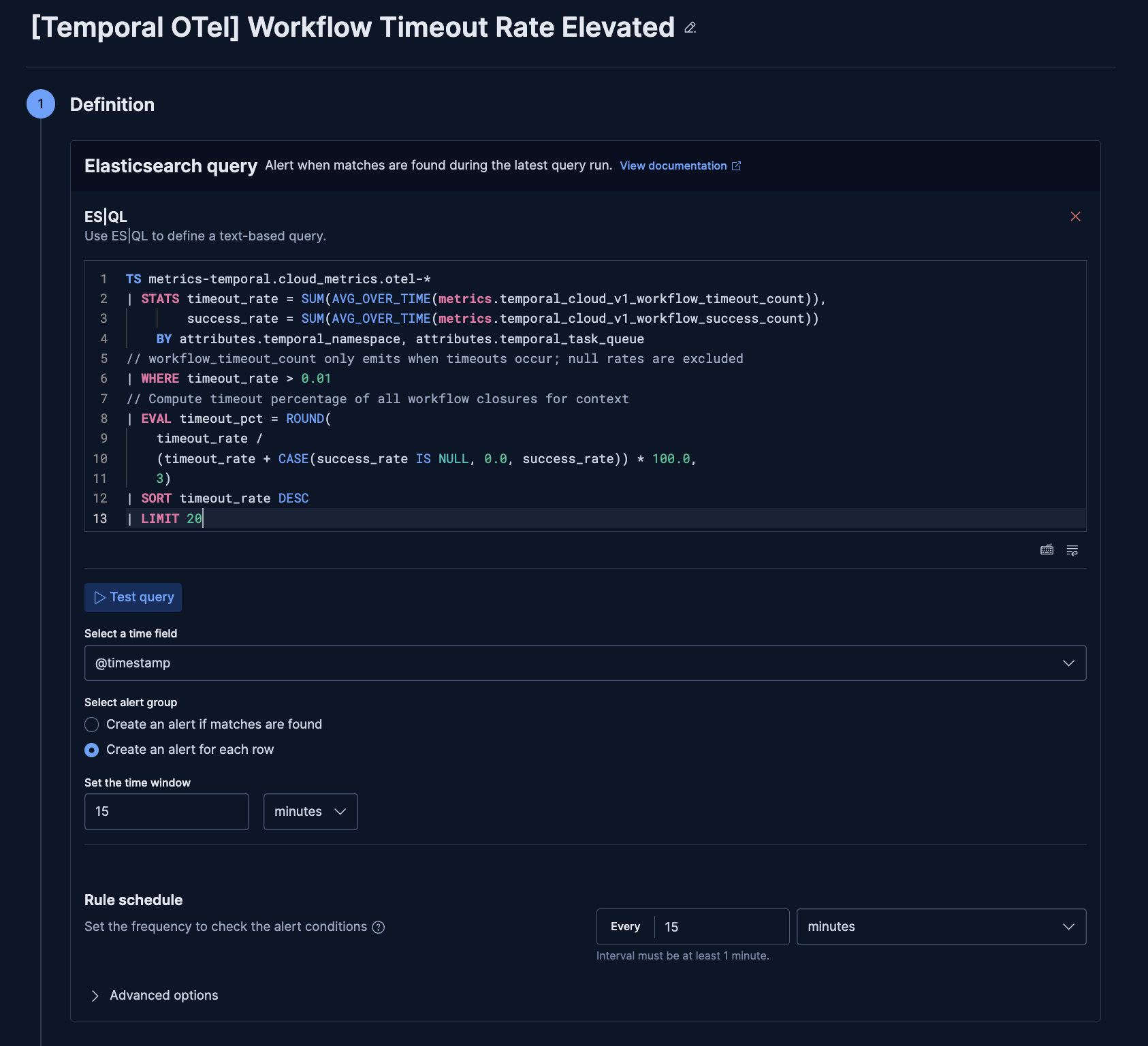 Kibana alert rule for Temporal OTel workflow timeout rate elevated, querying metrics-temporal.cloud_metrics.otel with ES|QL