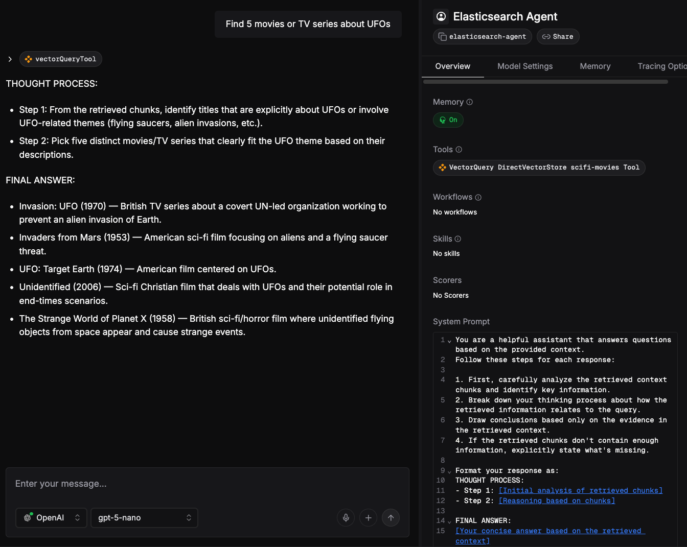 使用 Elasticsearch 智能体的 LLM 响应。