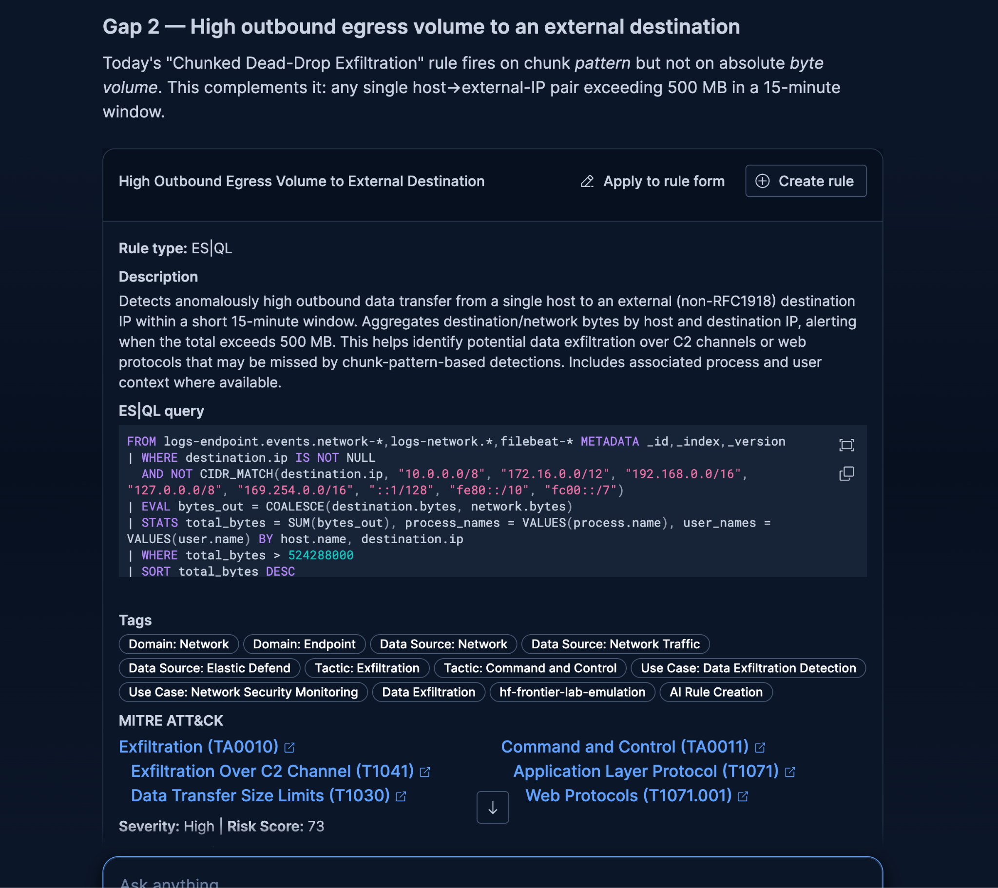 Attack Discovery detection gap analysis showing a missed Windows Management Instrumentation (WMI) lateral movement technique with a proposed ES|QL detection rule, severity rating, MITRE ATT&CK mapping, and option to create the rule with analyst approval.