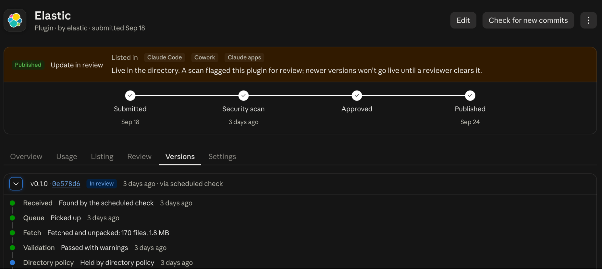 Updated Claude plugin dashboard with a Submitted, Security scan, Approved and Published review timeline