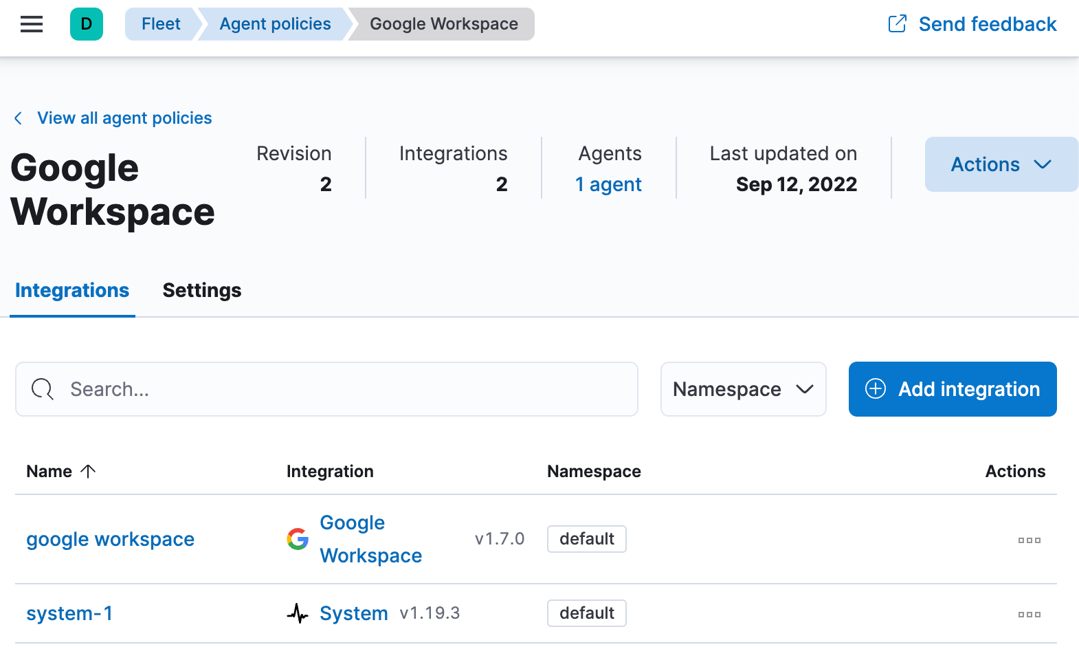 Google Workspace integration enabled in Fleet policy in Elastic Stack
