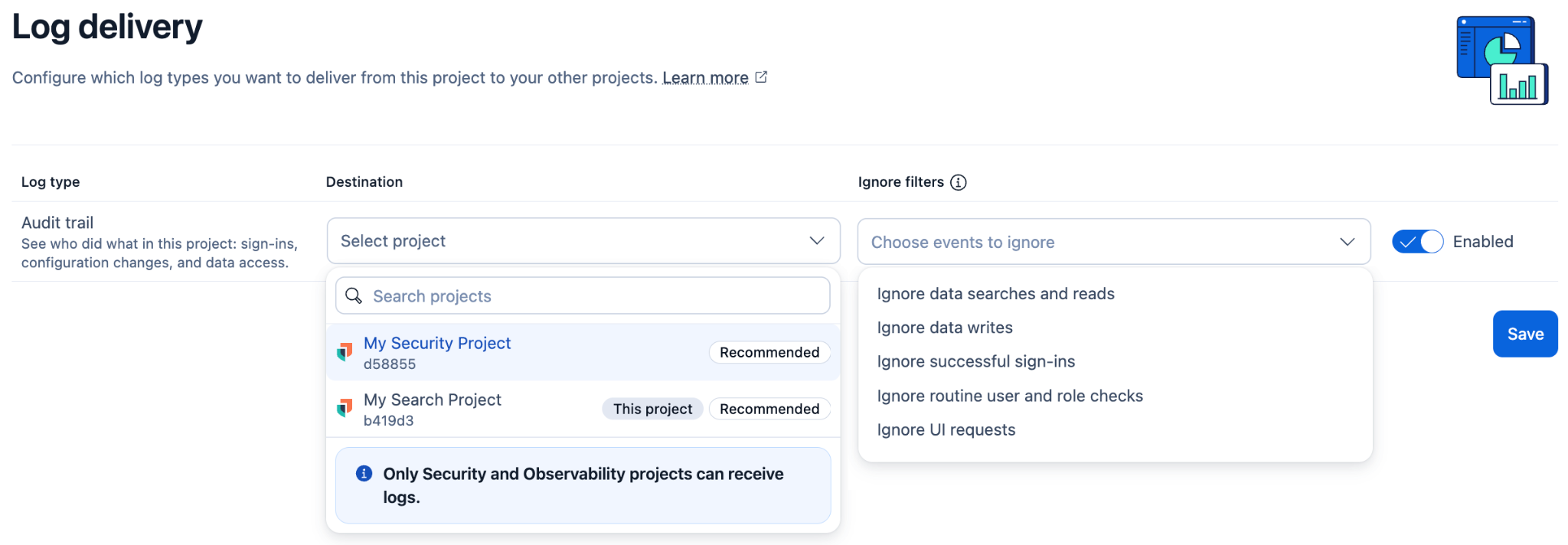 Log delivery settings picking an audit trail destination project and five ignore filters