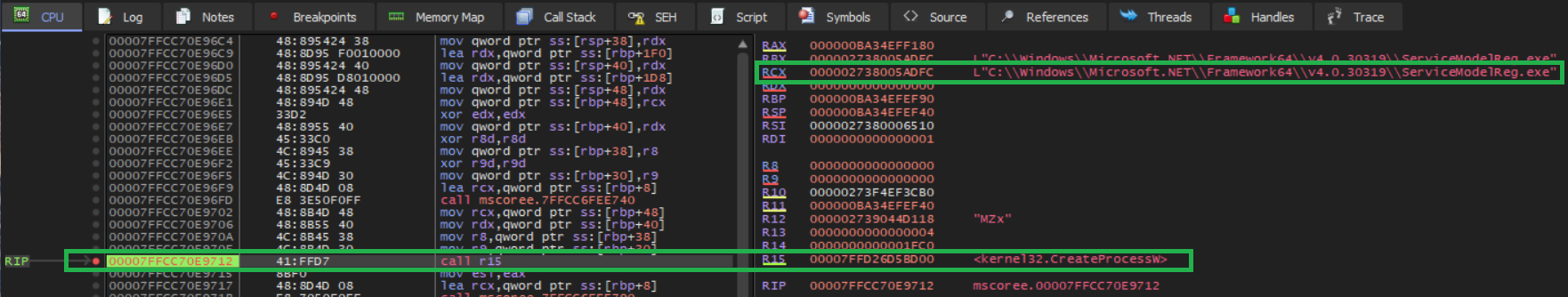 x64dbg showing an indirect CreateProcessW call with ServiceModelReg.exe in RCX, confirming process hollowing.
