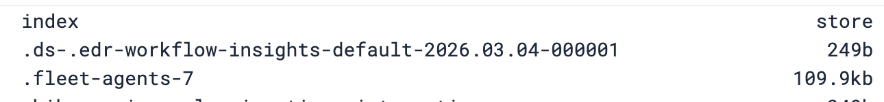 able showing two index names with their corresponding storage sizes.
