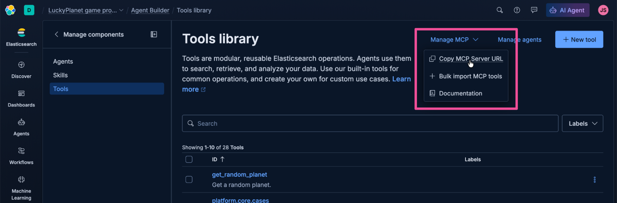 Screenshot of a dark‑themed interface showing a workspace titled "Lucky Planet Agent." The left sidebar lists sections including Customize, Overview, Skills, and Tools. The main panel displays the heading Tools library with a description about modular, reusable Elasticsearch operations. A dropdown menu labeled Manage MCP is open, with the focus on options Copy MCP Server URL, Bulk import MCP tools, and Documentation. A "New tool" button appears to the right of the dropdown.