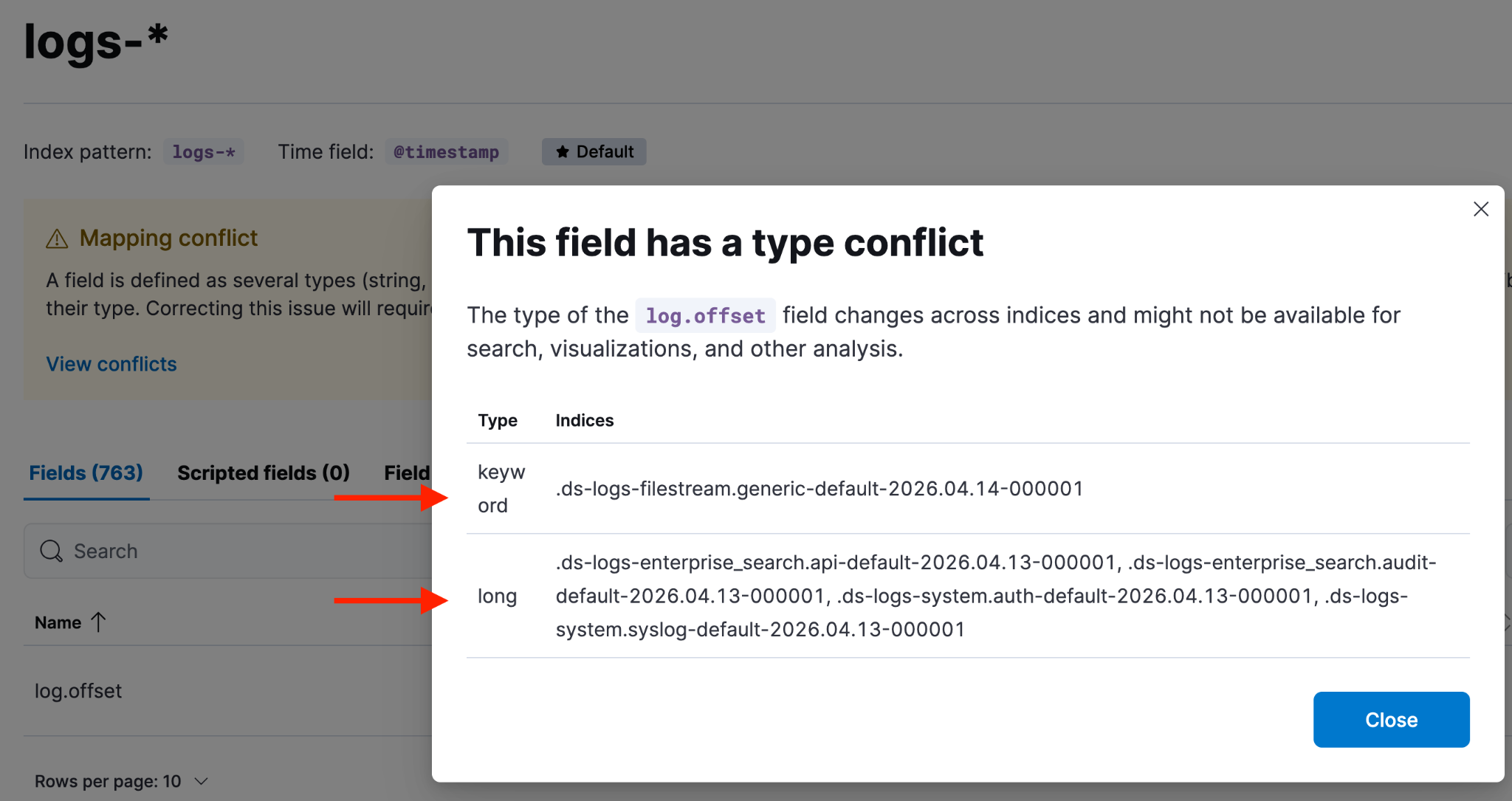 Bildschirm mit Anzeige des Feldes log.offset, einem Warnhinweis zu unterschiedlichen Datentypen und einer Tabelle mit den Indizes für jeden Datentyp.