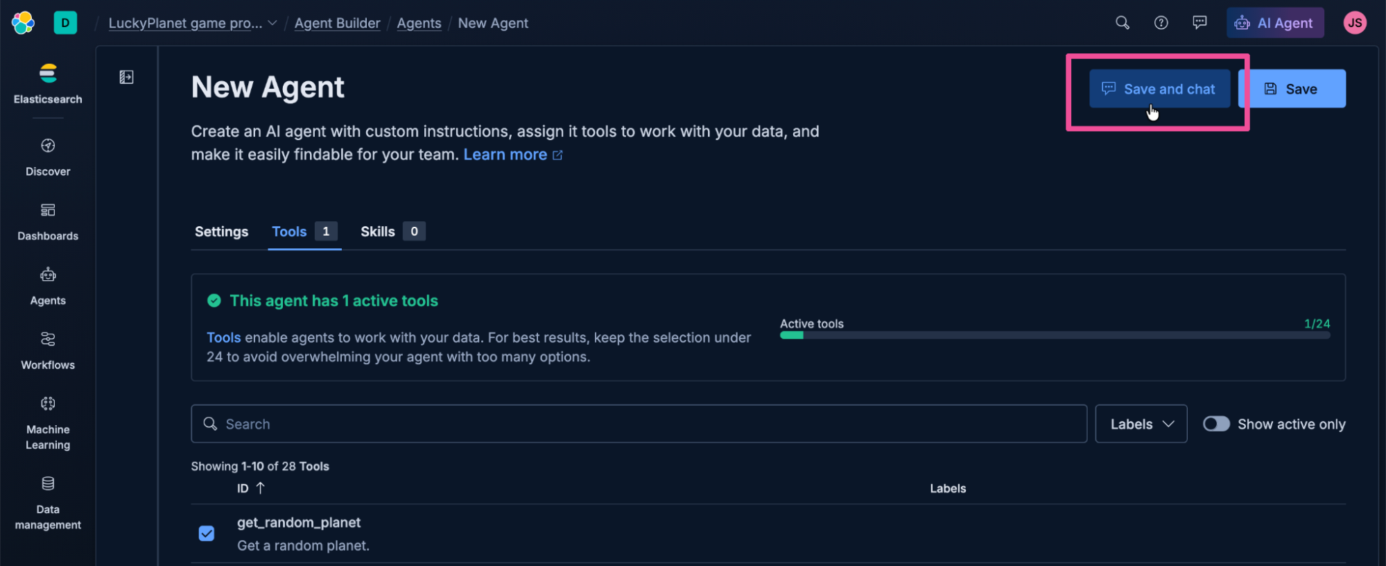 Screenshot of the Elastic AI Agent “New Agent” interface in dark mode, showing the Tools tab with one active tool selected. The layout includes a progress indicator and a table listing the tool entry. The left sidebar includes navigation options, like Discover, Dashboards, Agents, Workflows, Machine Learning, and Data management. The focus is on the “Save and chat” button at the top right of the interface.