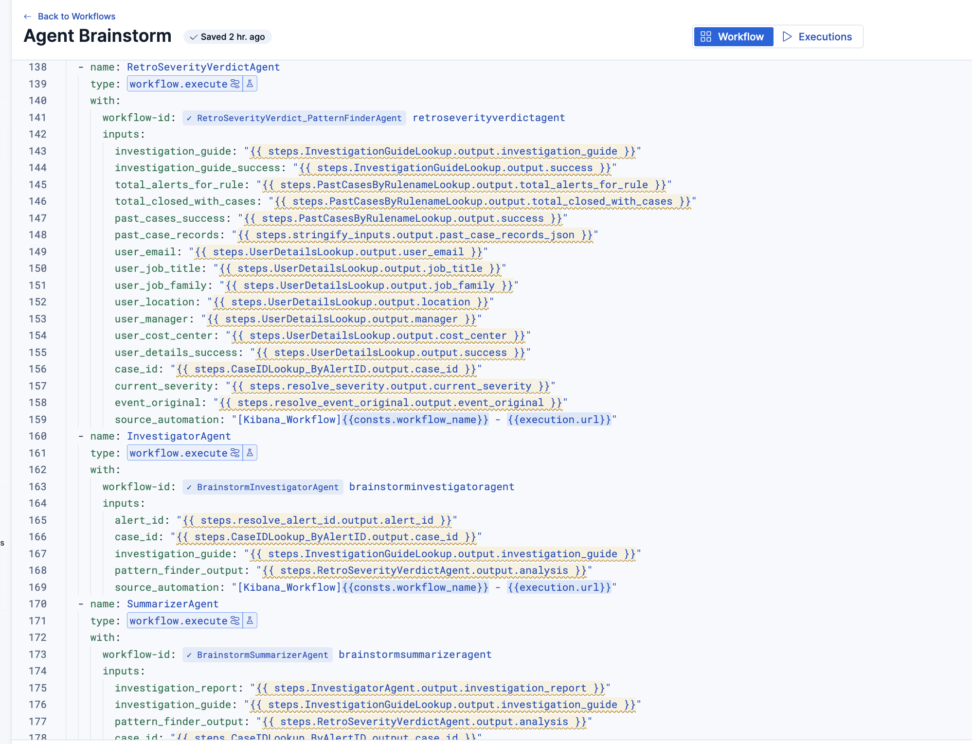 YAML setup of our three agents in the Agent Brainstorm workflow.