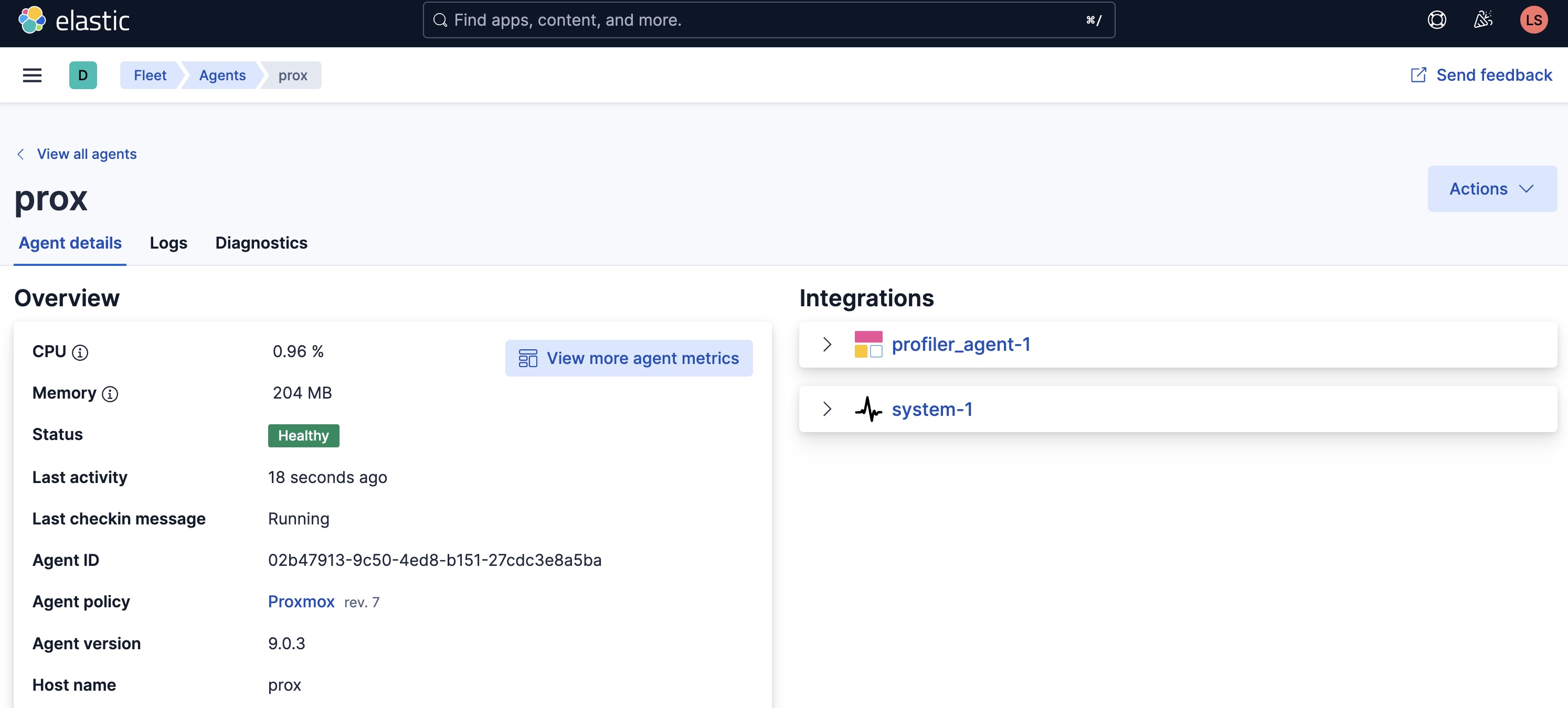 The Elastic Integrations enabled for our Proxmox host