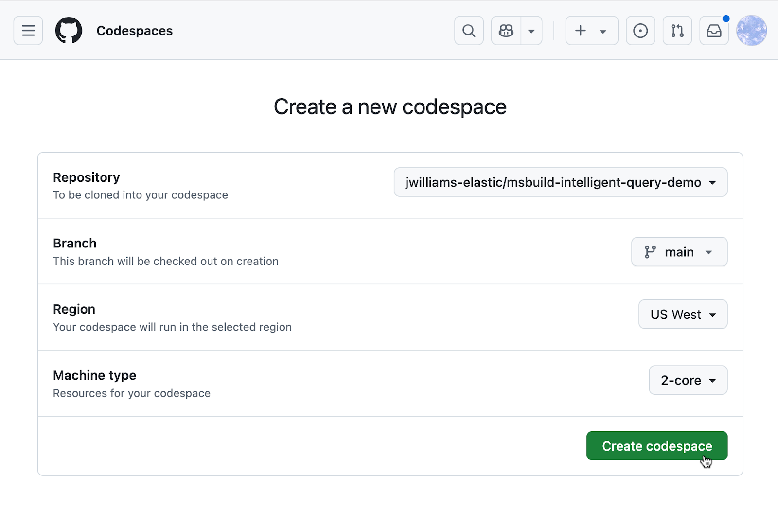 Repository-Dropdown-Menü öffnen und auf „Codespace erstellen“ klicken.