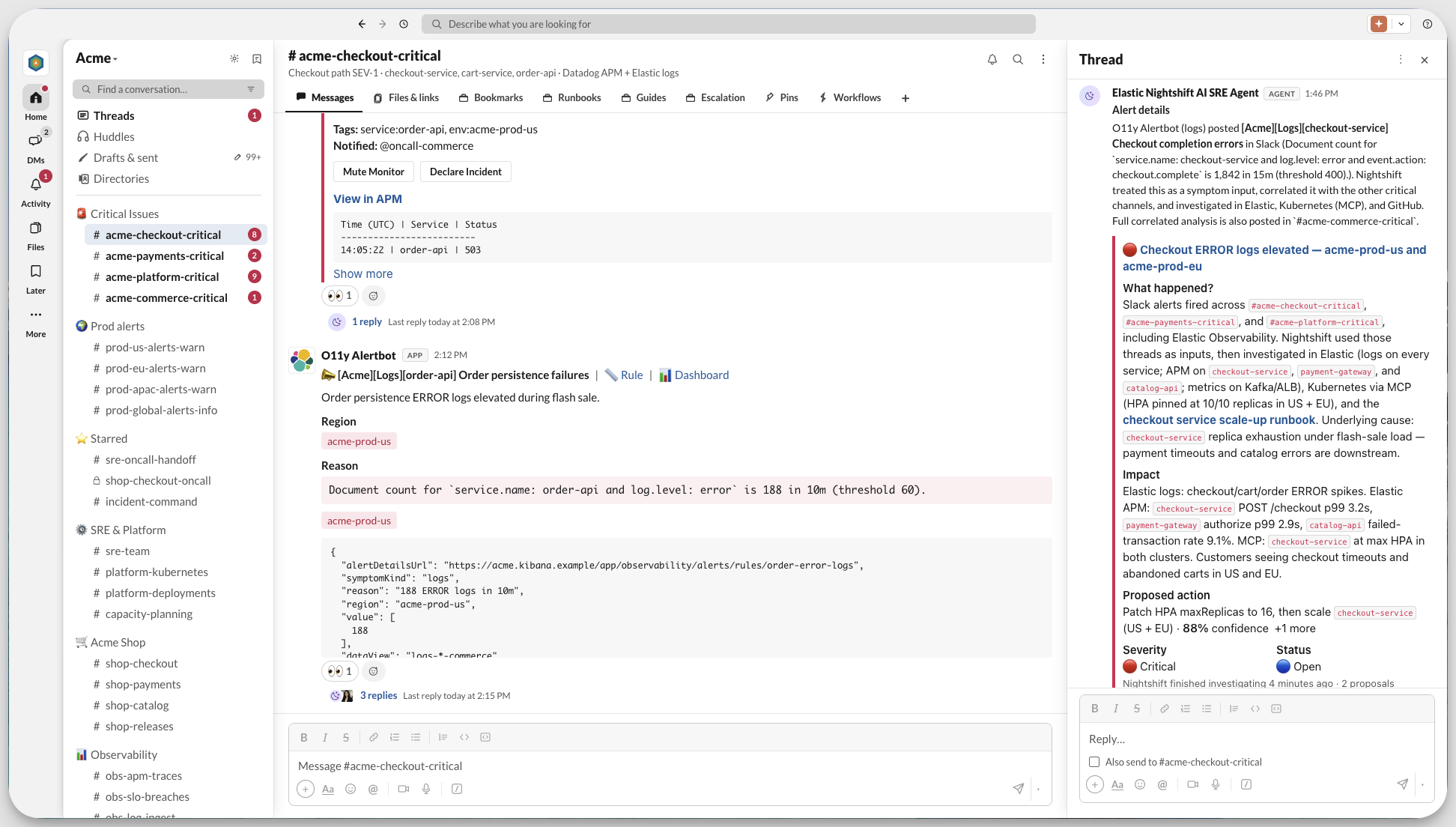 Elastic nightshift AI SRE posting a correlated investigation and proposed fix in a Slack incident channel