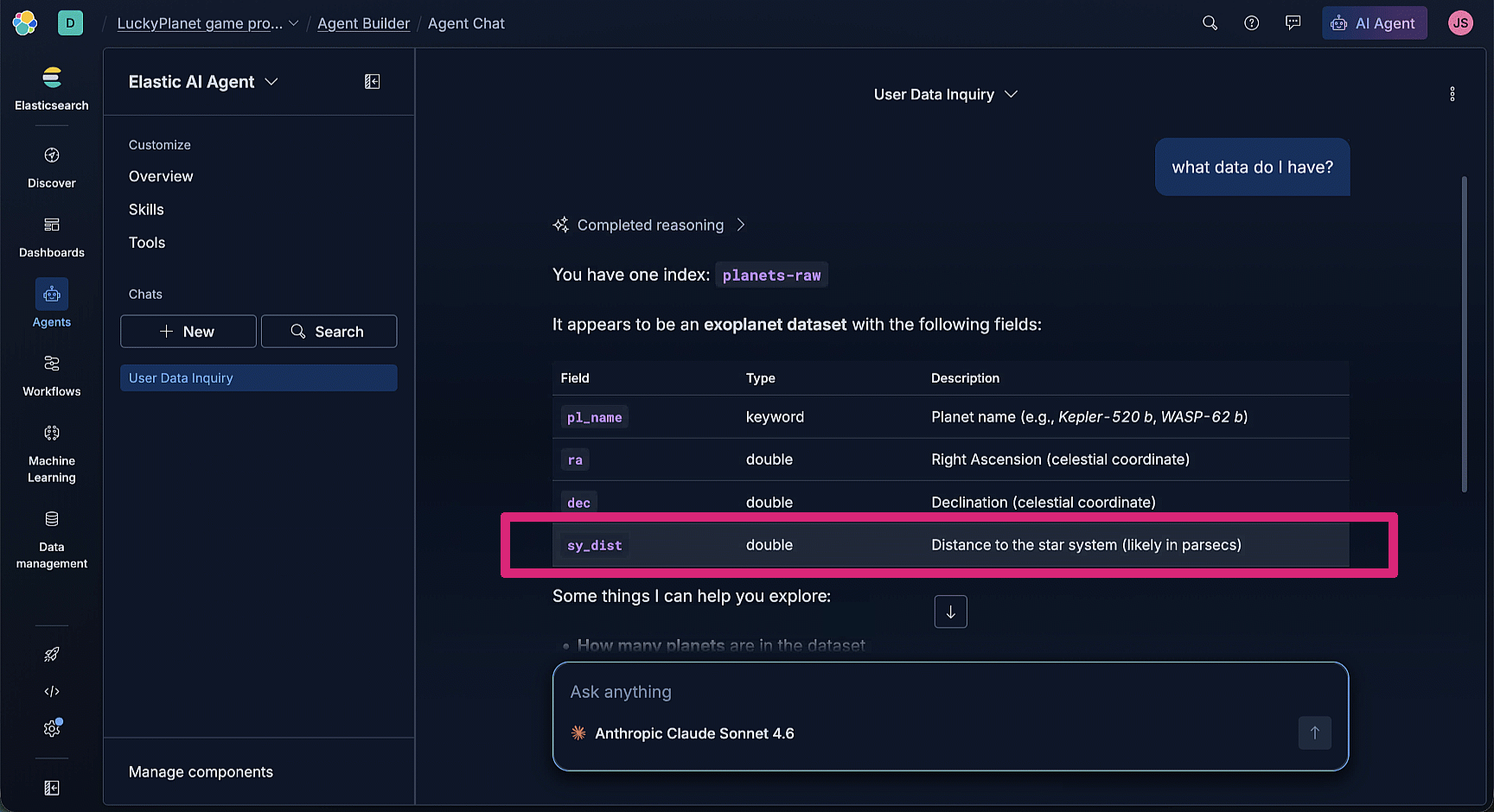 Screenshot of the Elastic AI Agent interface in dark mode, showing a user query “what data do I have?” and the system’s response describing an index named planets‑raw. The focus is on the sy_dist row. The left sidebar includes navigation options, such as Discover, Dashboards, Agents, Workflows, Machine Learning, and Data management.