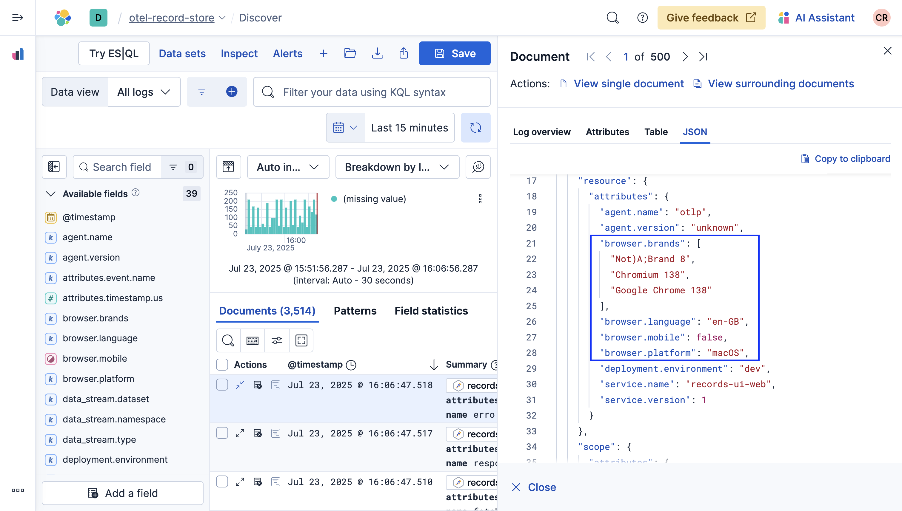 Sample Span JSON with Resource and Browser Attributes