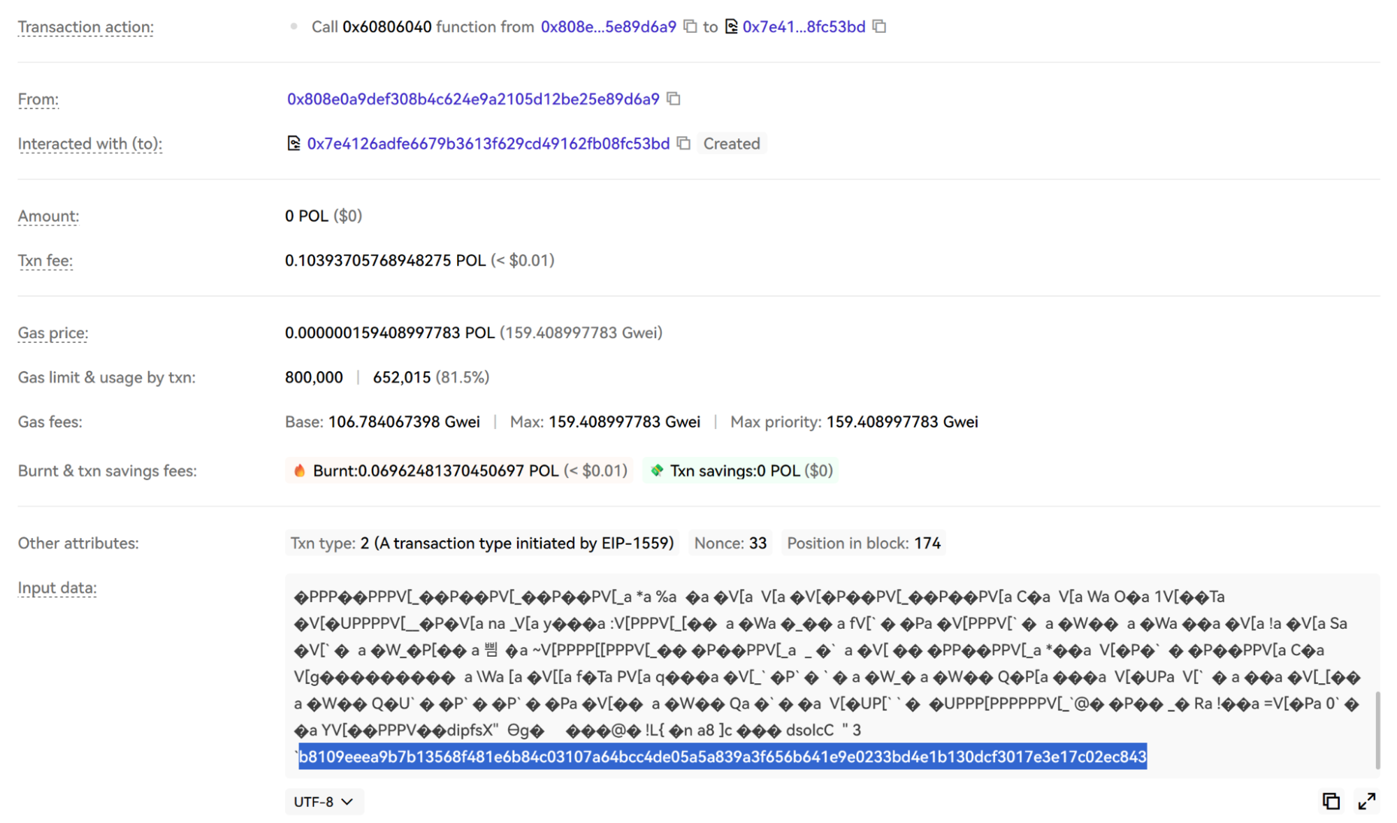 Polygon transaction creating the REVSTEALER dead drop contract holding an encrypted fallback C2 address
