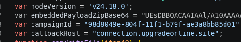KREMLIN JavaScript loader variables showing the embedded payload, campaign ID and C2 callback host
