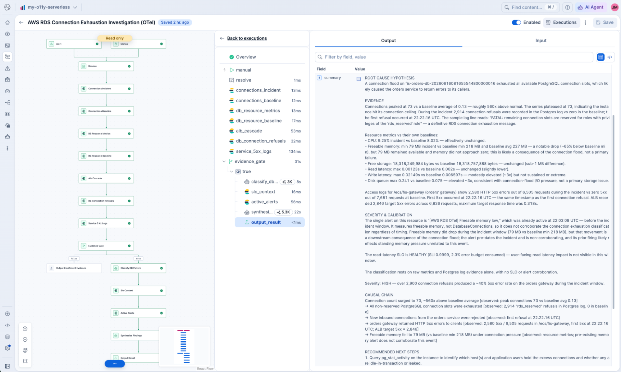AWS RDS connection exhaustion workflow in Elastic, with its step sequence and the root cause report it produced