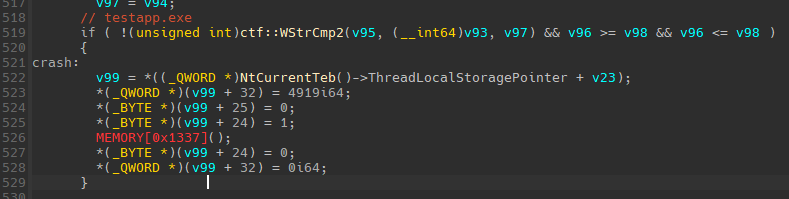 KREMLIN sandbox evasion code calling address 0x1337 to crash deliberately when analysis is detected