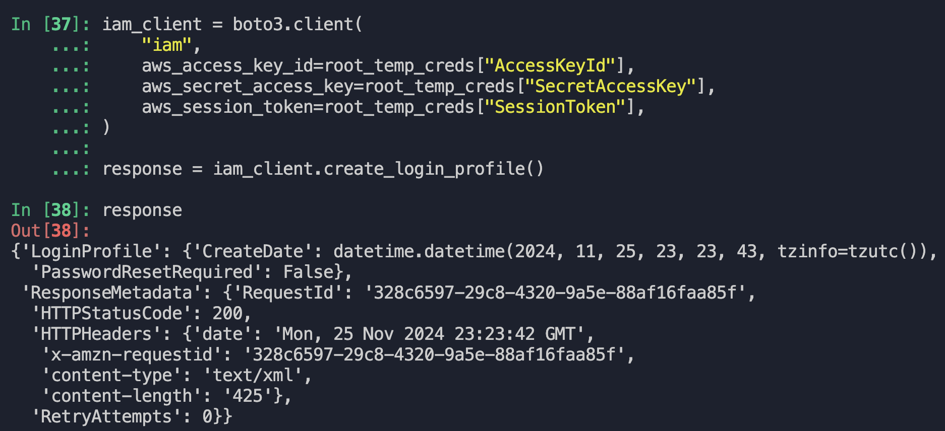 Terminal output showing IAM client established as Root member account and CreateLoginProfile request