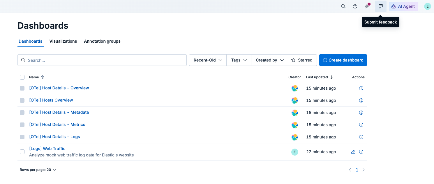 Kibana Dashboards interface showing the top menu with “Submit Feedback” icon highlighted, inviting users to share input or report issues.