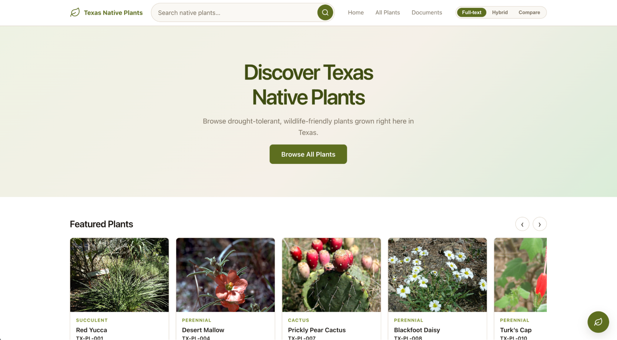 Texas native plants storefront with a 48-plant catalog and full-text, hybrid and compare toggle