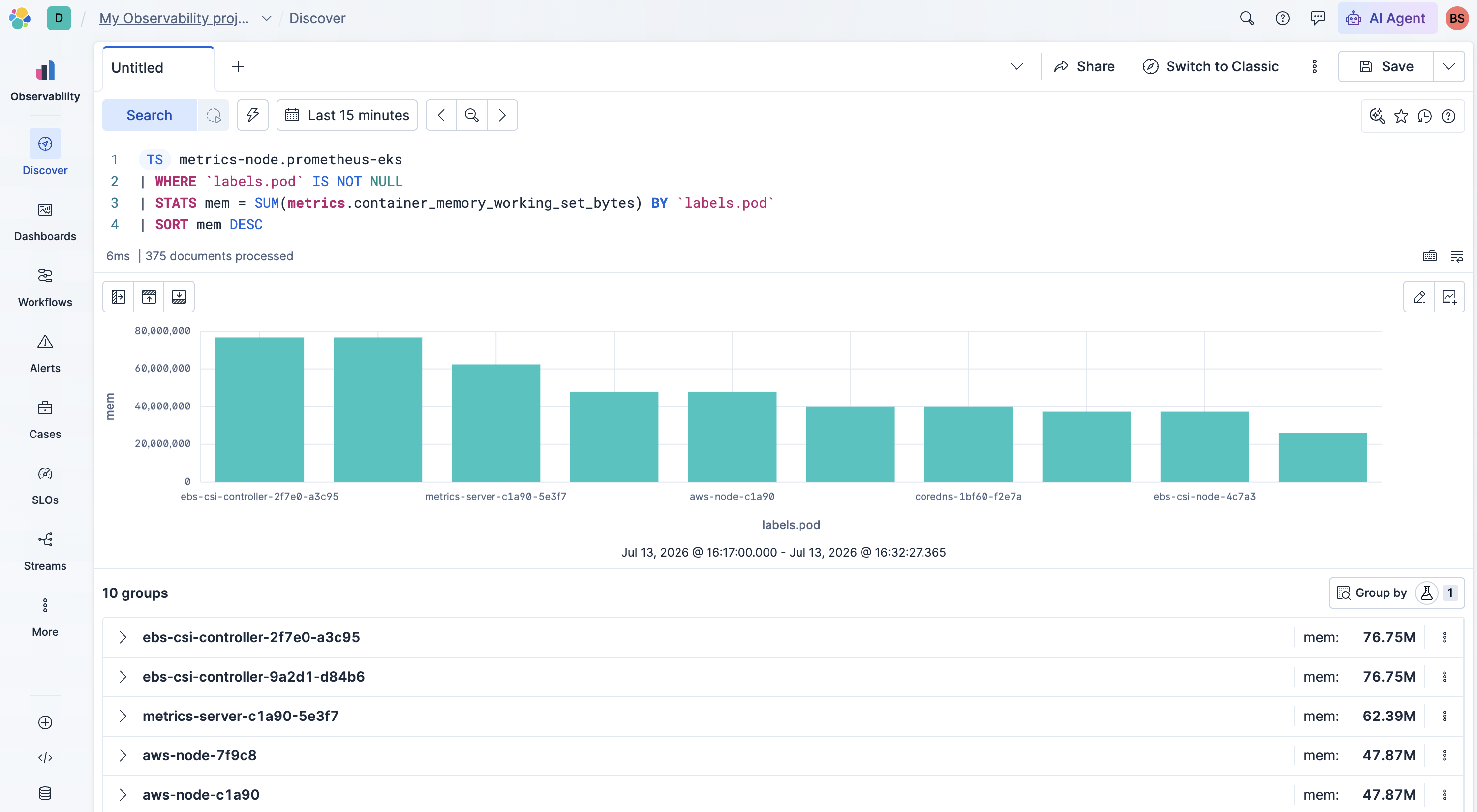 The top-N memory query running in the Kibana ES|QL editor in Discover