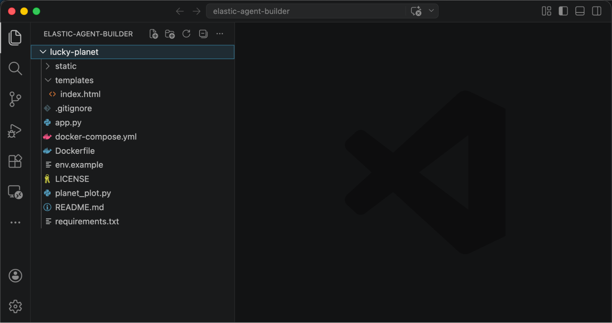 Screenshot of the Visual Studio Code interface showing a project titled "Elastic Agent Builder." The file explorer lists a folder named lucky planet, with subfolders static and templates, plus files, including gitignore, app.py, Dockerfile, README.md, and requirements.txt.