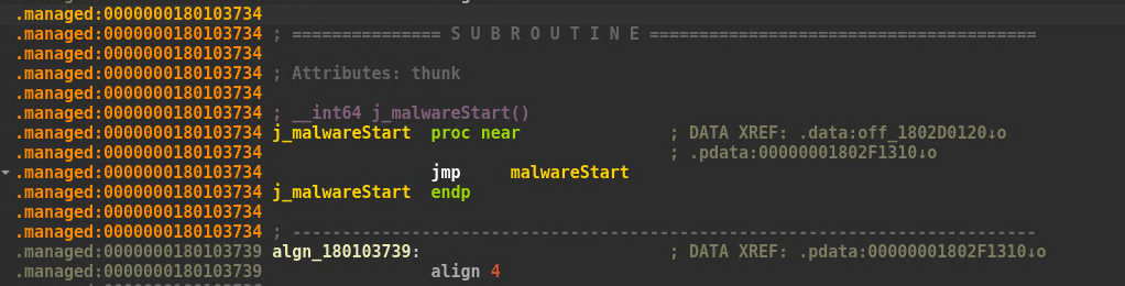  IDA disassembly of j_malwareStart, a single jmp instruction into the malwareStart routine.