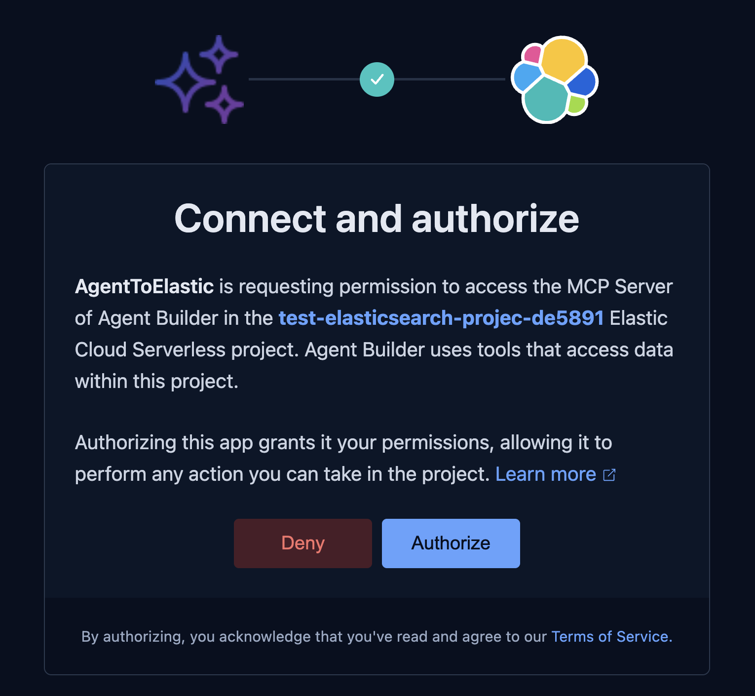 Elastic Cloud OAuth consent screen where a user authorizes an MCP client to access Agent Builder in a Serverless project