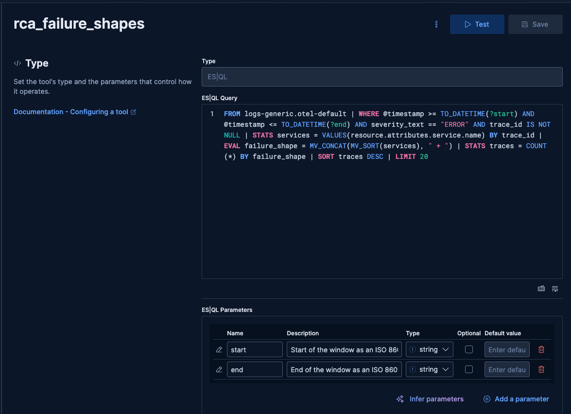 The registered rca_failure_shapes tool, with its query and its two typed parameters