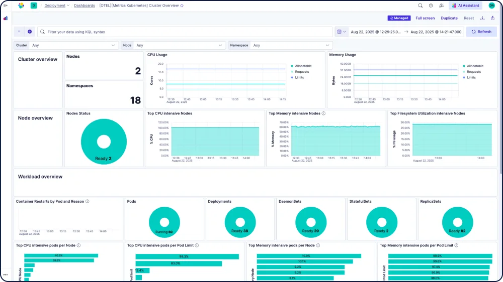 Elastic Observability provides out-of-the-box dashboards for Kubernetes that auto-discovers ephemeral container workloads and populates the KPIs you need to see for clusters, nodes, pods, namespaces, etc.