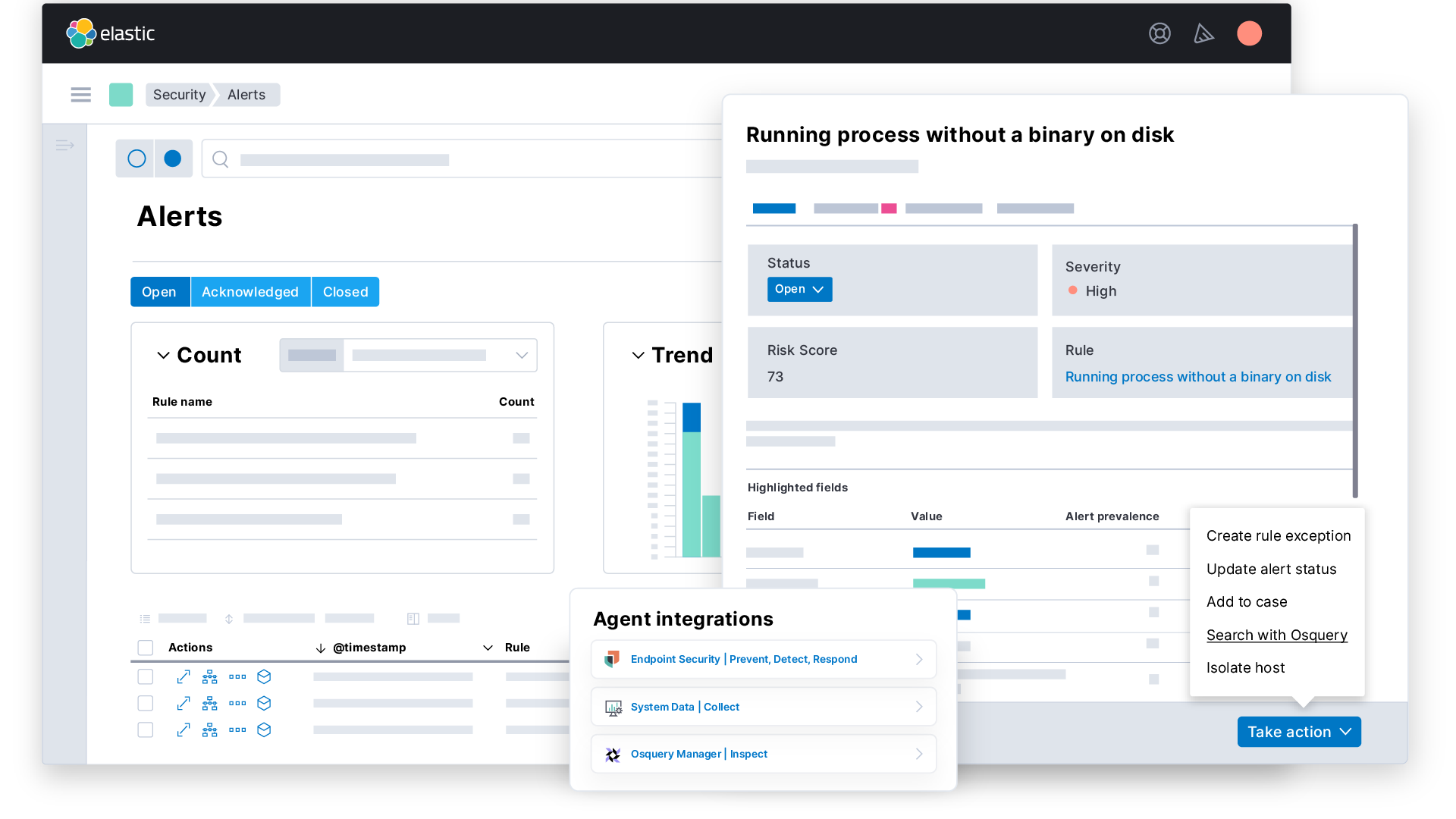 Elastic Security for Endpoint, with alerts overview, alert details, and Agent integrations for endpoint prevention, OS collection, and Osquery inspection.