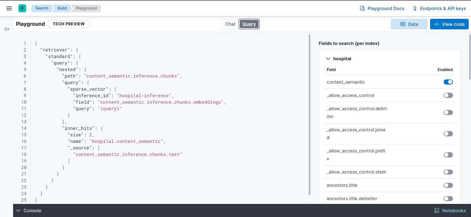 Elastic Playground control which fields to send to the LLM to use in search to chat with data