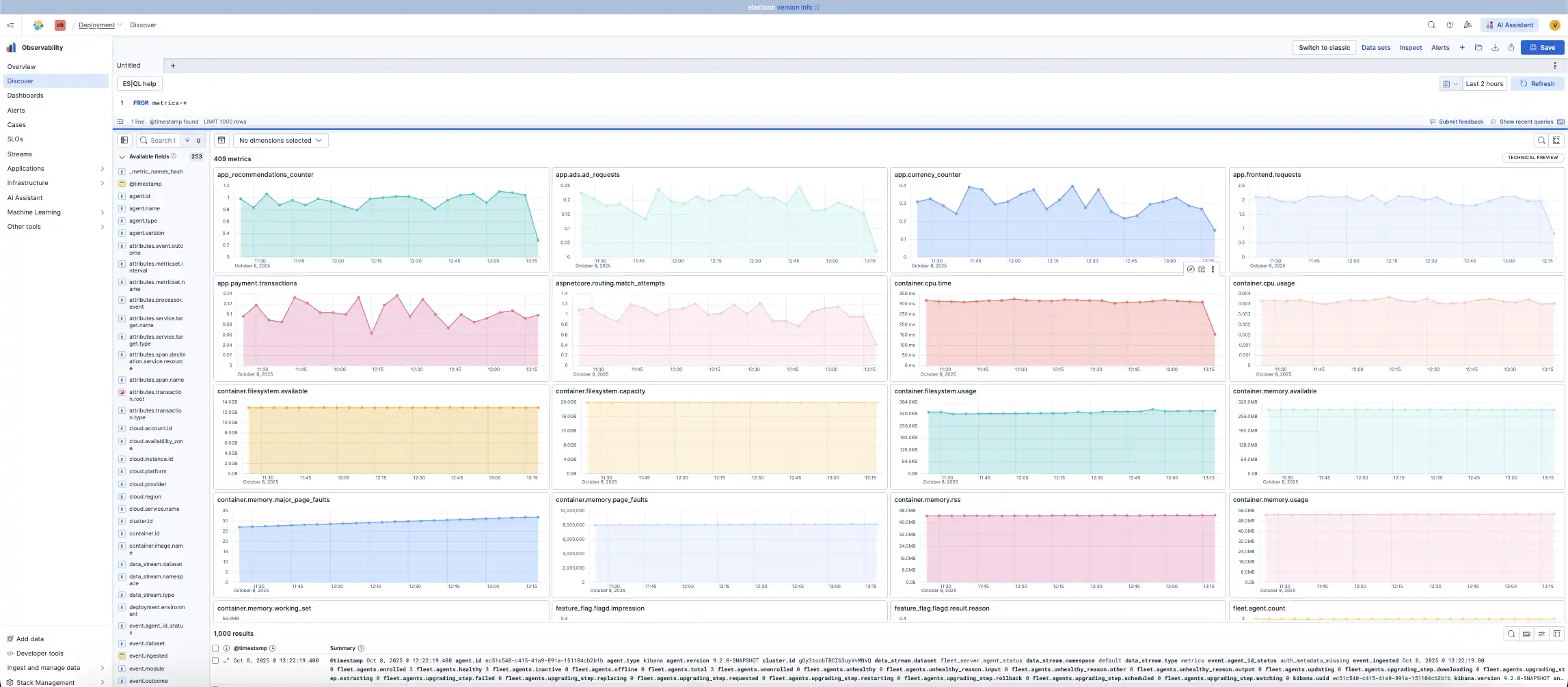 You can use Elastic Observability to search, filter, and visualize data, set alerts, and run ES|QL queries across any data — all from a single view (Discover).