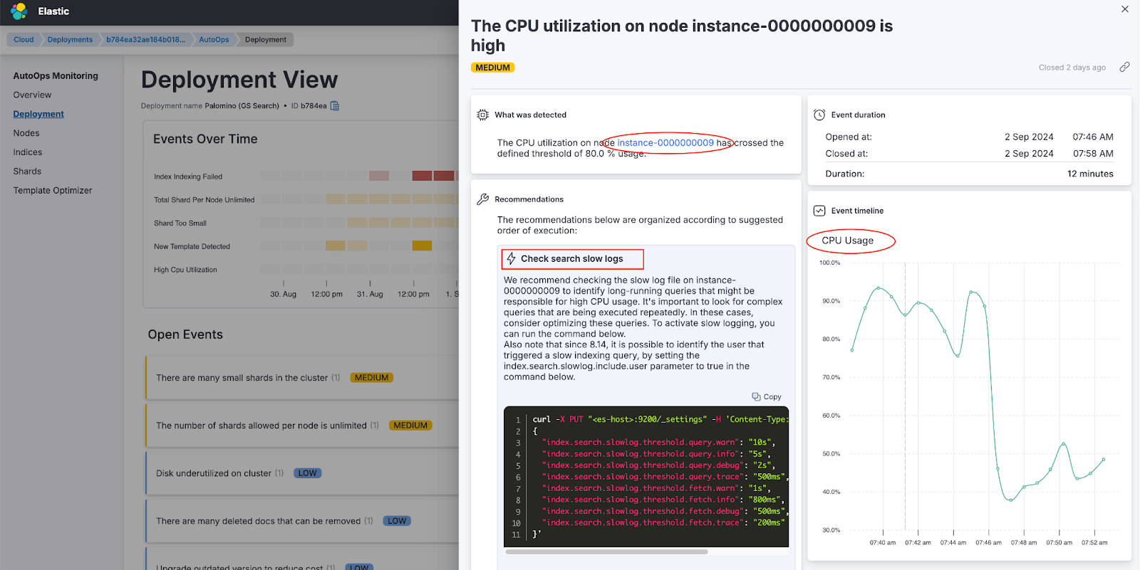 Analyzing the Elasticsearch high CPU event in AutoOps
