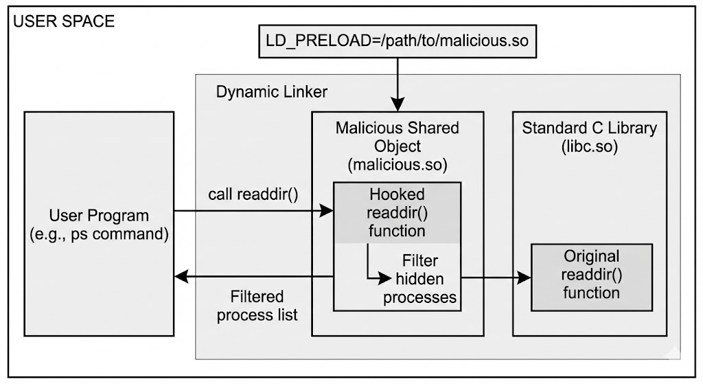 Figure 2: Overview of readdir() function hooking flow by shared object rootkit.