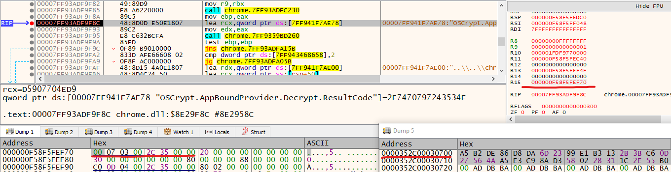 Decrypted Chrome App-Bound Encryption key in memory, reached by REVSTEALER credential harvesting