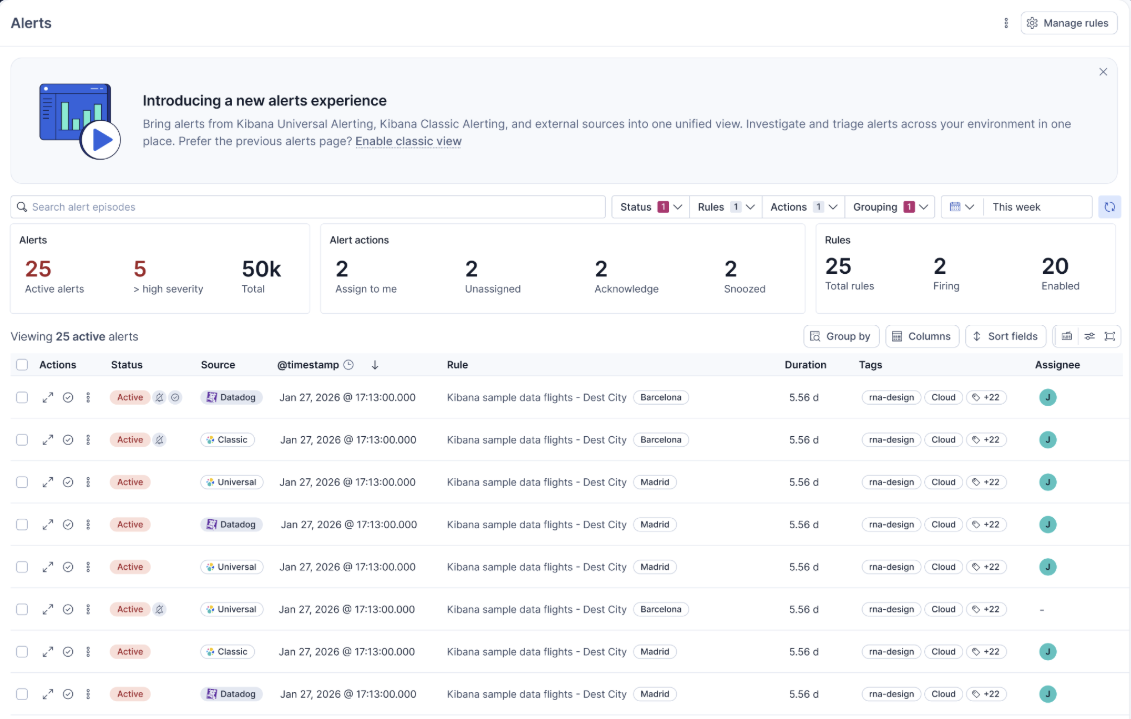 The Alerts page with Classic, Universal and external alerts