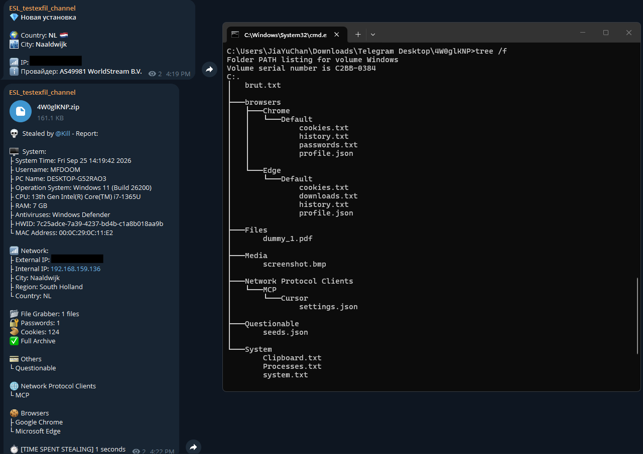 Telegram channel receiving the stolen data archive, including Cursor MCP settings.json from the victim