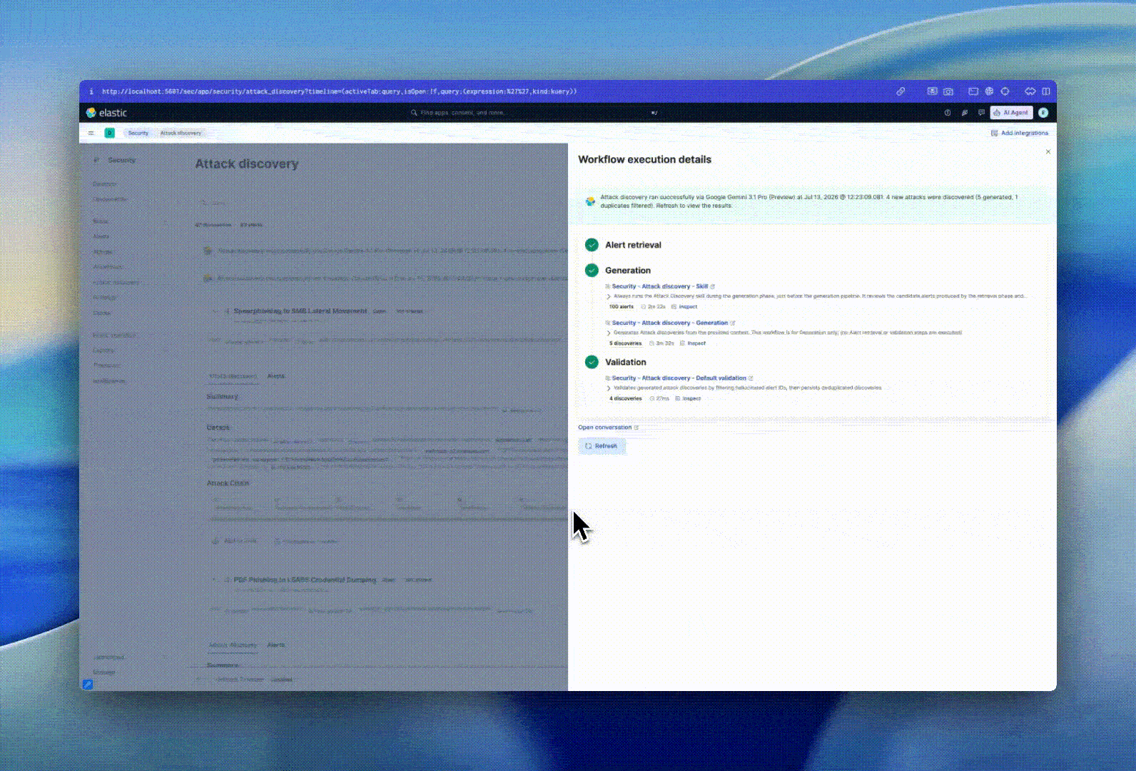 Attack Discovery page showing workflow execution details with completed alert retrieval, generation, and validation stages, displaying discovered attacks alongside the investigation pipeline status.