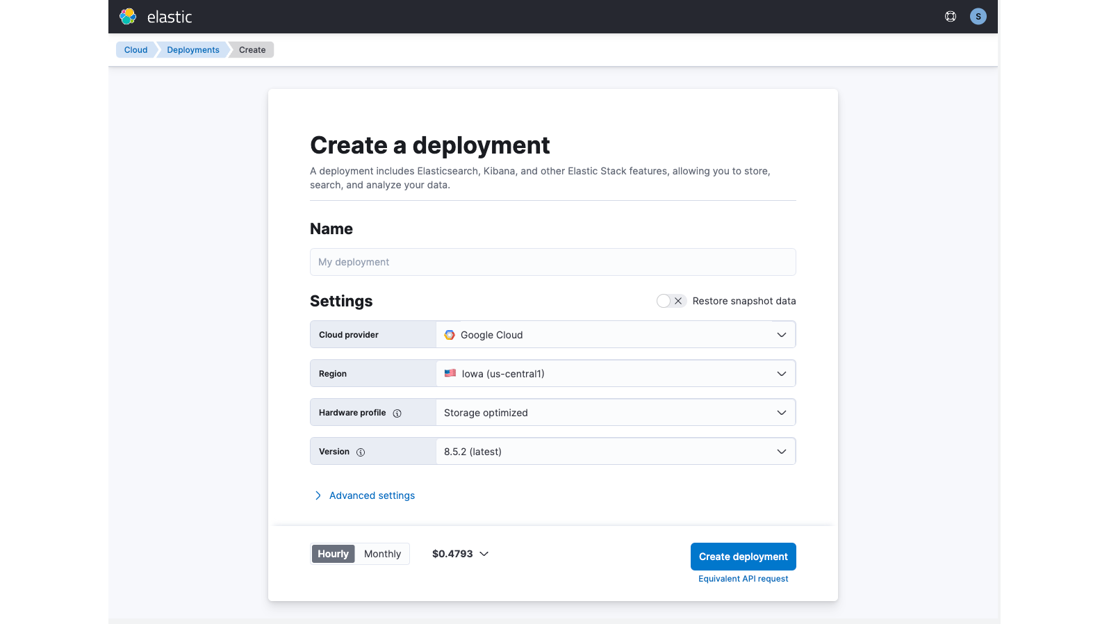Screenshot of creating a deployment