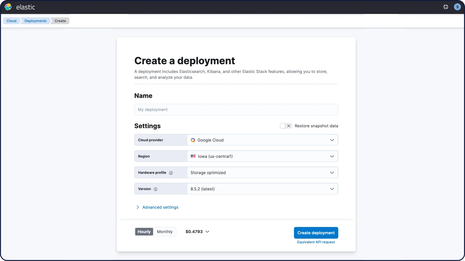 Screenshot of creating a deployment